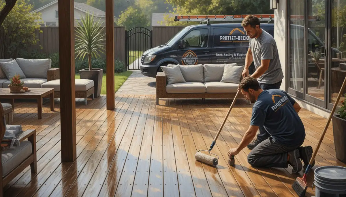 Deck sealing on a wood deck in Wellesley, MA by Wellesley Paint Pros