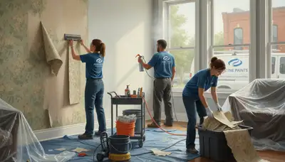 Wallpaper removal service in Wellesley, MA, preparing walls for a clean new paint finish
