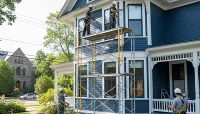 Wellesley, MA painting contractors prepping a home exterior for professional house painting